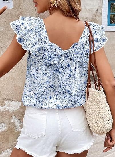 Blue Floral Ruffle Sleeve Blouse image 2